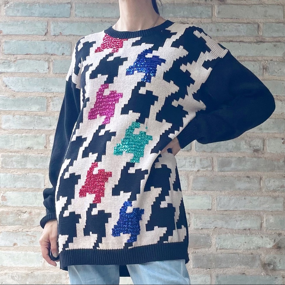 Vintage Houndstooth Sweater 90s Sequin Embellished Black White Tunic Pullover